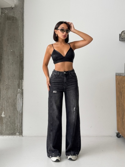 Blugi wide leg elastici cu detaliu - Img 7