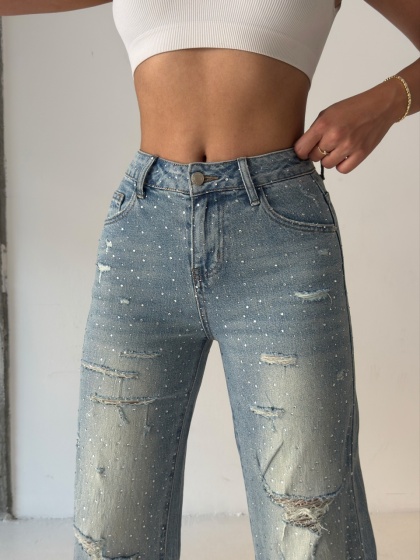 Blugi wide leg usor elastici accesorizati cu strasuri - Img 5