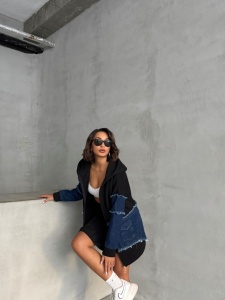 Hanorac cu fermuar din bumbac cu denim - Img 2