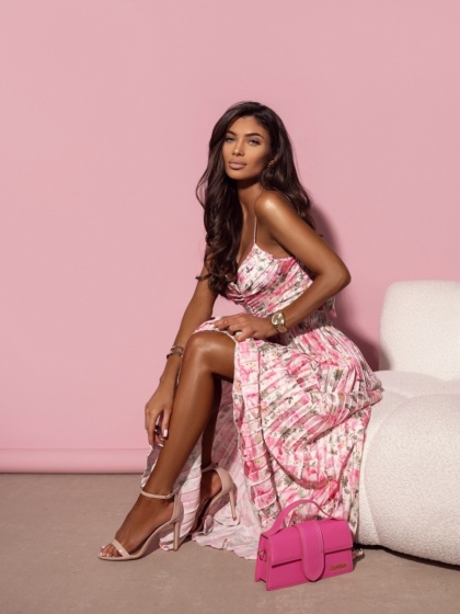 Rochie din satin plisata cu print floral - Img 4