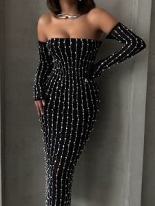 Rochie din tul cu maneci detasabile accesorizata cu perle si strasuri