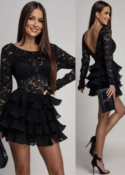 Rochie elegant scurta din dantela cu volane si spate gol