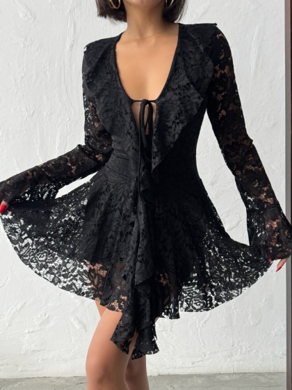 Rochie elegant scurta din dantela cu volane - Img 3