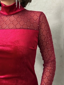 Rochie eleganta din catifea cu maneci din tul acesorizata cu strasuri - Img 2