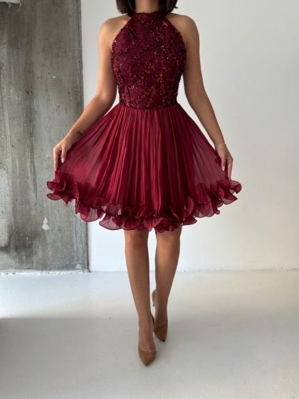 Rochie eleganta din satin creponat accesorizata cu paiete - Img 2