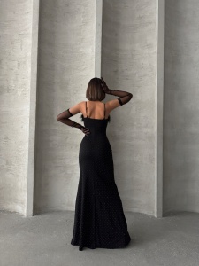 Rochie eleganta lunga accesorizata cu strasuri si puf - Img 3