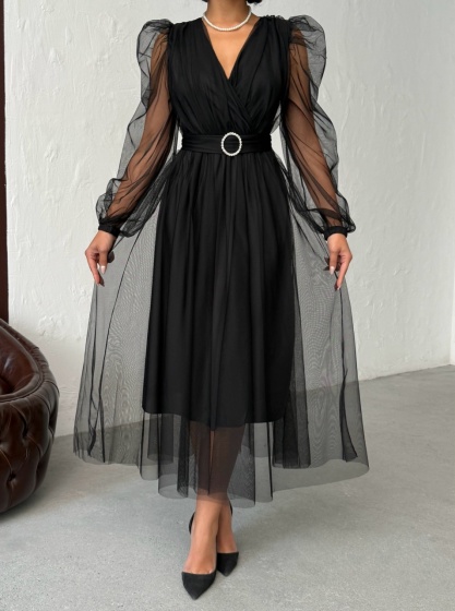 Rochie eleganta lunga cu accesoriu in talie din tull - Img 2