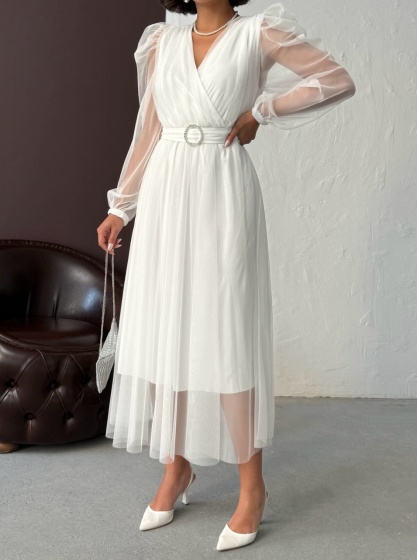 Rochie eleganta lunga cu accesoriu in talie din tull - Img 4