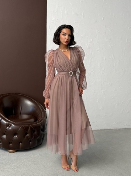 Rochie eleganta lunga cu accesoriu in talie din tull - Img 6