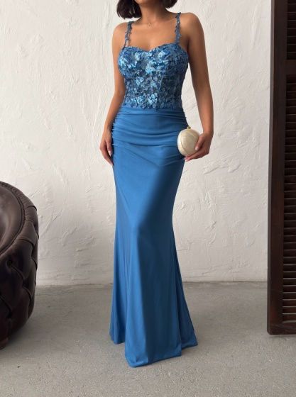 Rochie eleganta lunga cu broderie florală și paiete - Img 3