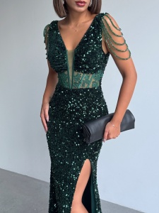 Rochie eleganta lunga cu paiete si lantisoare pe umeri - Img 2