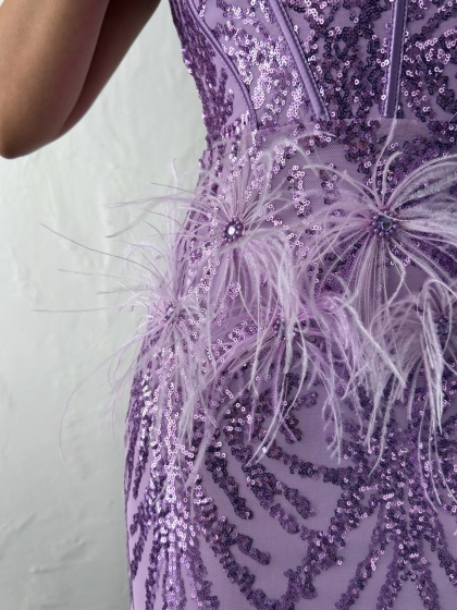 Rochie eleganta lunga cu paiete si pene - Img 6