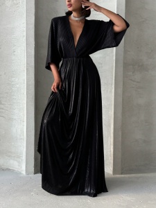 Rochie eleganta lunga plisata cu aspect lucios - Img 6