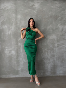 Rochie eleganta midi cu umarul gol accesorizata cu pampon - Img 4