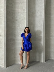 Rochie eleganta scurta din lycra cu volane si strasuri - Img 4