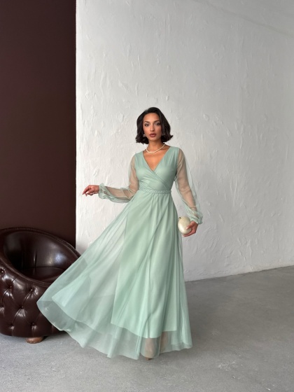 Rochie lunga din tull cu accesoriu in talie - Img 5