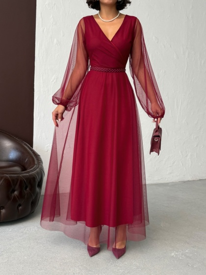 Rochie lunga din tull cu accesoriu in talie - Img 2