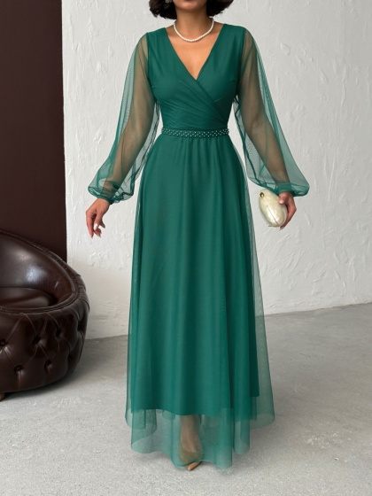 Rochie lunga din tull cu accesoriu in talie - Img 3