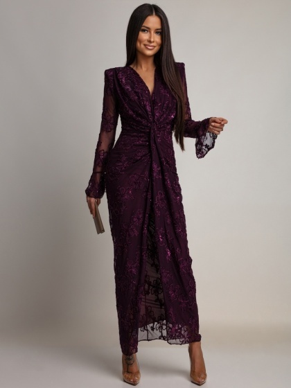 Rochie lungă din tull, cu broderie florală, paiete strălucitoare și mâneci evazate tip clopot - Img 2