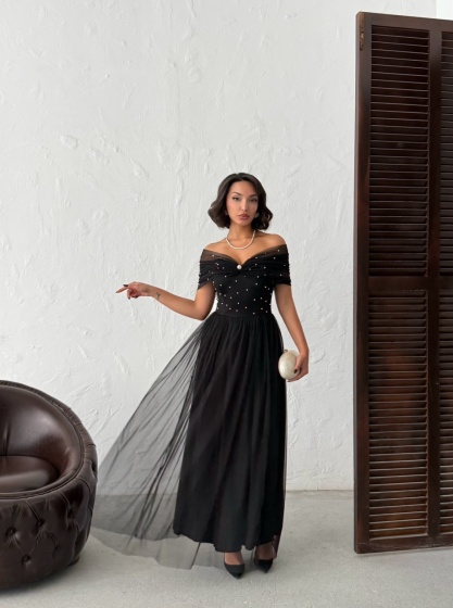 Rochie lunga din tull cu detalii perle - Img 6