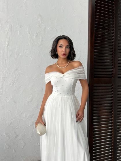 Rochie lunga din tull cu detalii perle - Img 7