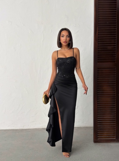 Rochie lunga eleganta din satin cu bust brodat si paiete - Img 4