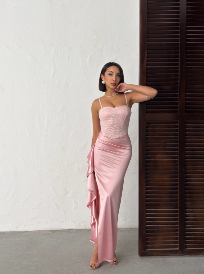 Rochie lunga eleganta din satin cu bust brodat si paiete - Img 6