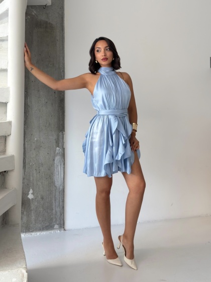 Rochie scurtă elegantă din satin cu falduri - Img 2