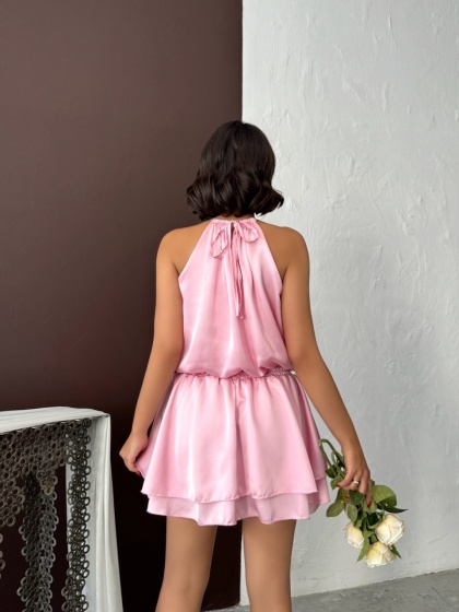 Rochie scurtă elegantă din satin cu volane accesorizata cu perlute - Img 7