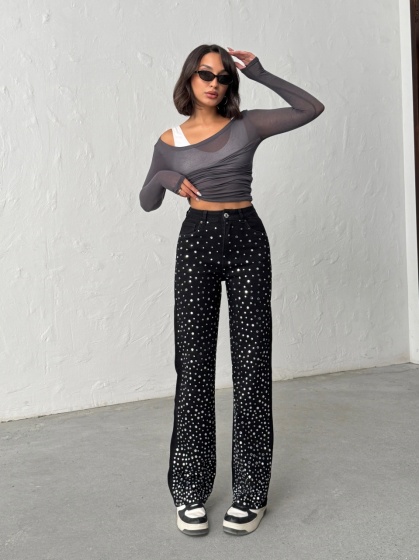 Blugi evazati accesorizati cu pietre decorative - Img 4