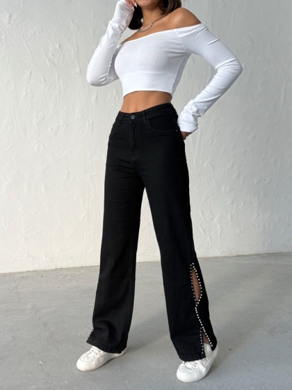 Blugi evazati elastici accesorizati cu perlute - Img 4