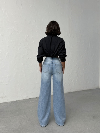 Blugi evazati elastici cu perle si insertii florale - Img 4