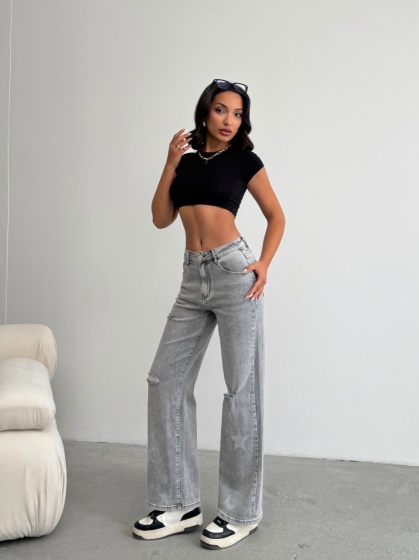 Blugi evazati elastici cu rupturi si design stele - Img 5