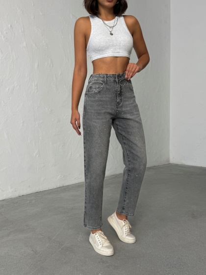 Blugi mom fit elastici cu aplicatii din strasuri - Img 4