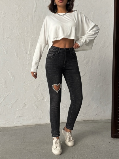 Blugi mom fit elastici cu detaliu inima - Img 2