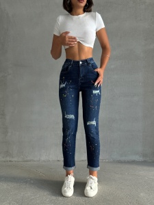 Blugi skinny elastici cu rupturi si pete de vopsea - Img 3