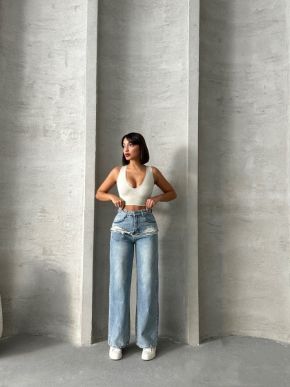 Blugi wide leg cu abraziuni în față, în zona buzunarelor - Img 6