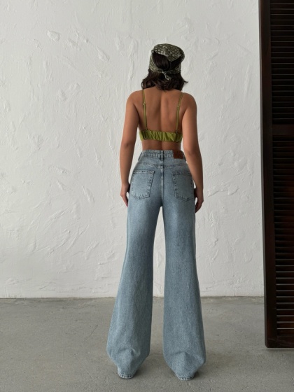 Blugi wide leg cu abraziuni în față, în zona buzunarelor - Img 4