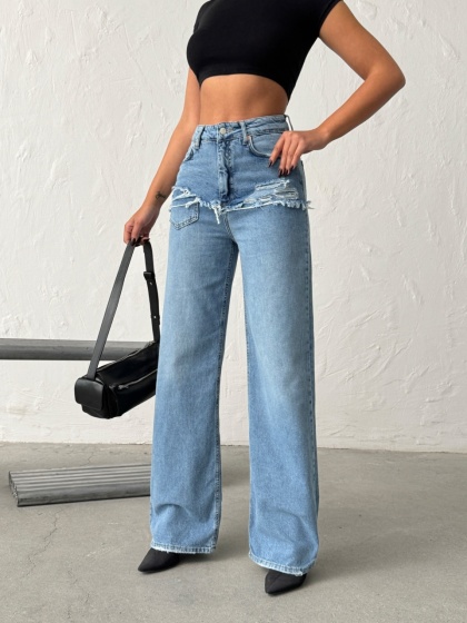 Blugi wide leg cu abraziuni în față, în zona buzunarelor - Img 3