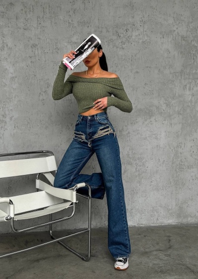 Blugi wide leg cu abraziuni în față - Img 4