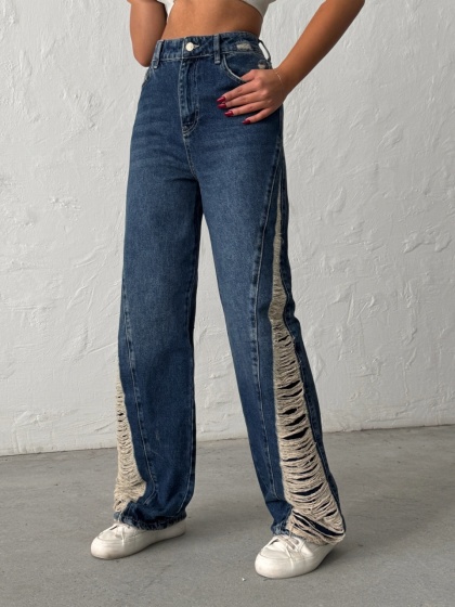Blugi wide leg cu abraziuni pe lateral - Img 2
