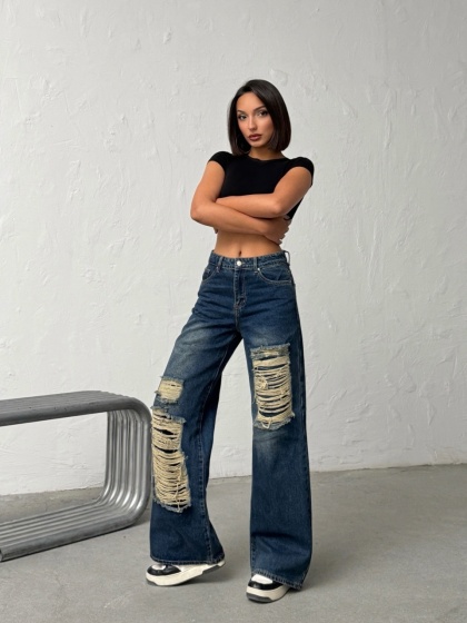 Blugi wide leg cu abraziuni - Img 8