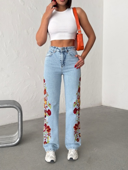Blugi wide leg cu broderie florala