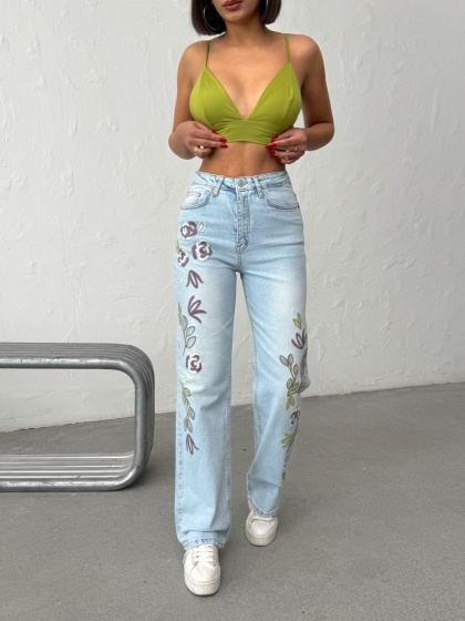 Blugi wide leg cu broderie - Img 3
