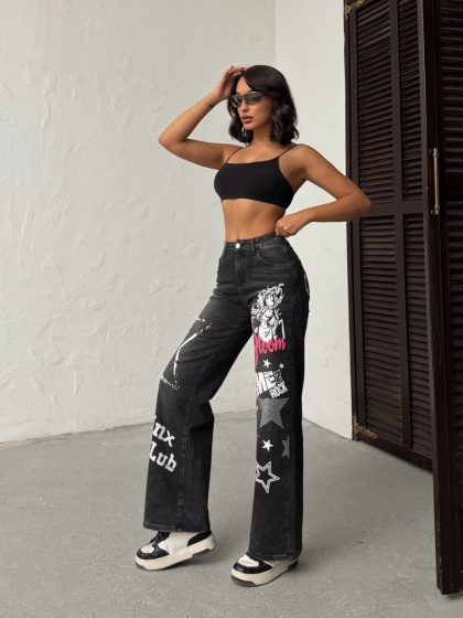 Blugi wide leg cu design animat