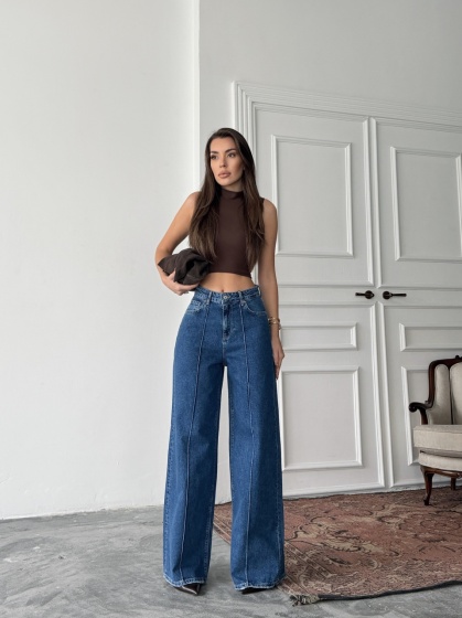 Blugi wide leg cu dunga pe mijloc - Img 3