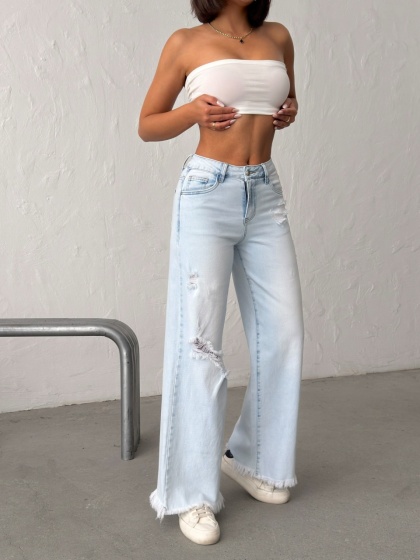 Blugi wide leg cu franjuri la tiv