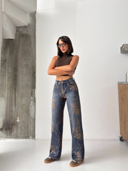 Blugi wide leg cu imprimeu floral maro și detalii strălucitoare - Img 7