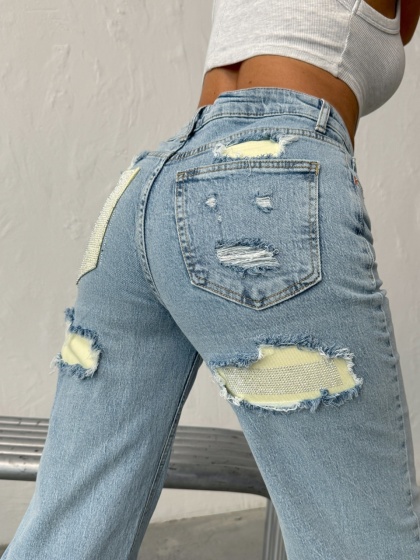 Blugi wide leg cu inserții galbene - Img 1