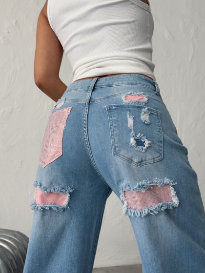 Blugi wide leg cu inserții roz